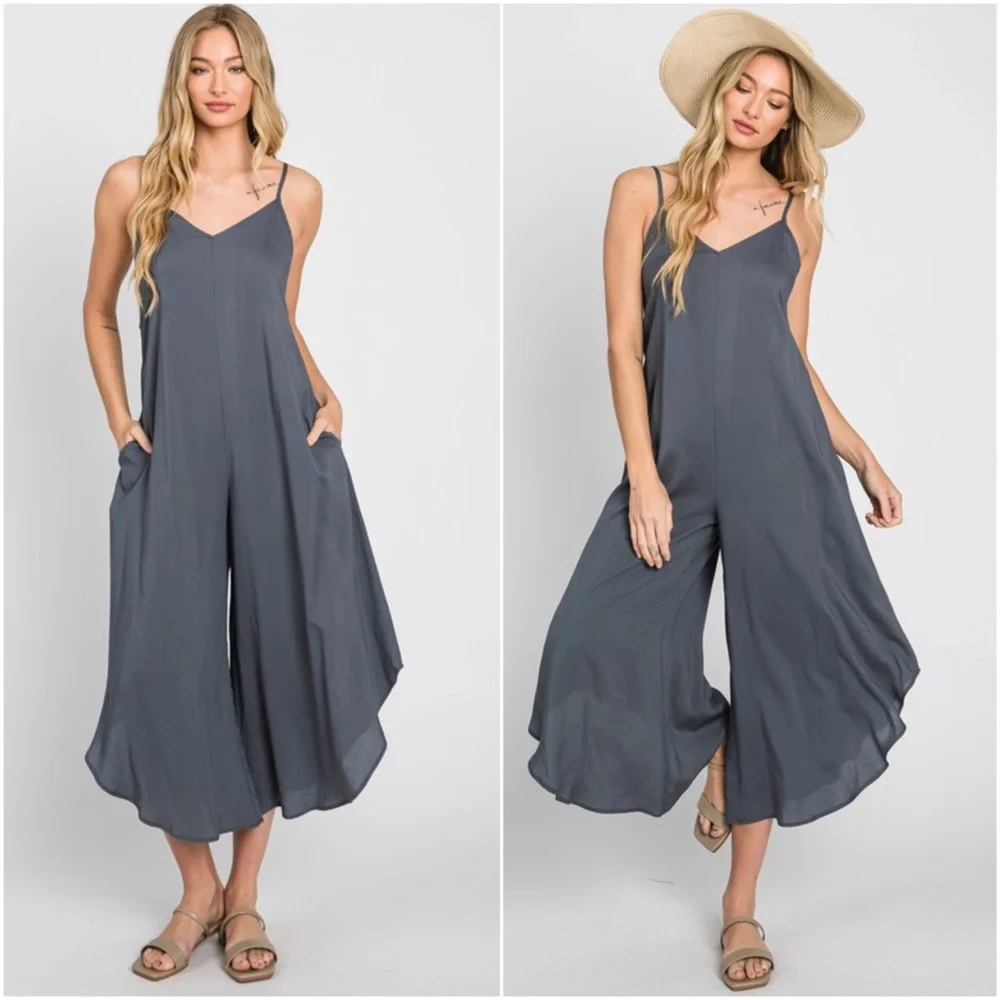 063 Solid Back Tie Cut out Wide Leg Cami Jumpsuit - Picture 2 of 5